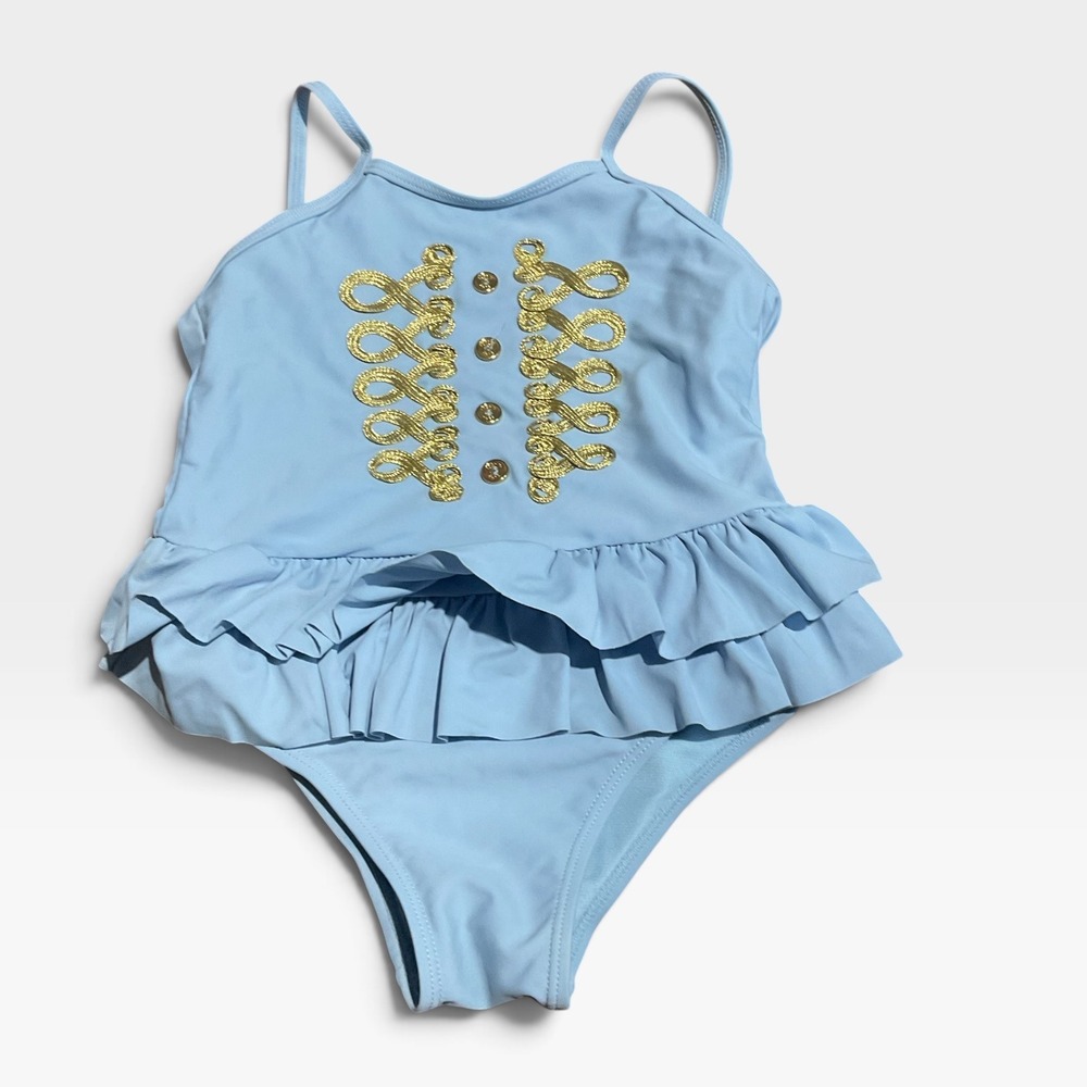 Angel's Face Gianna Swimsuit Kids girls 6-7 Blue Gold Ruffle Military Style